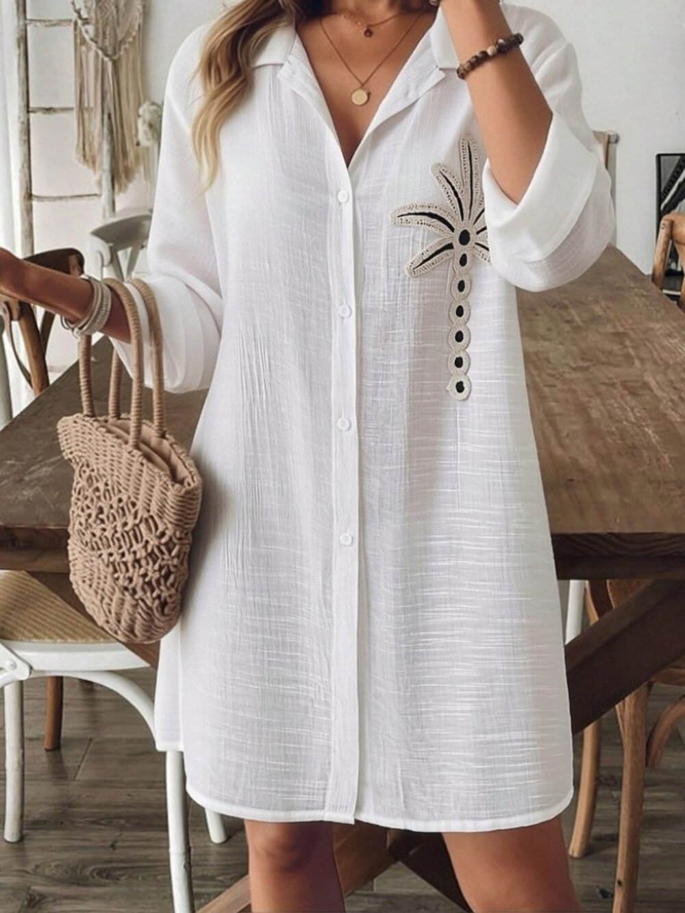 White Palm Tree Crochet Applique Button Front Shirt Dress